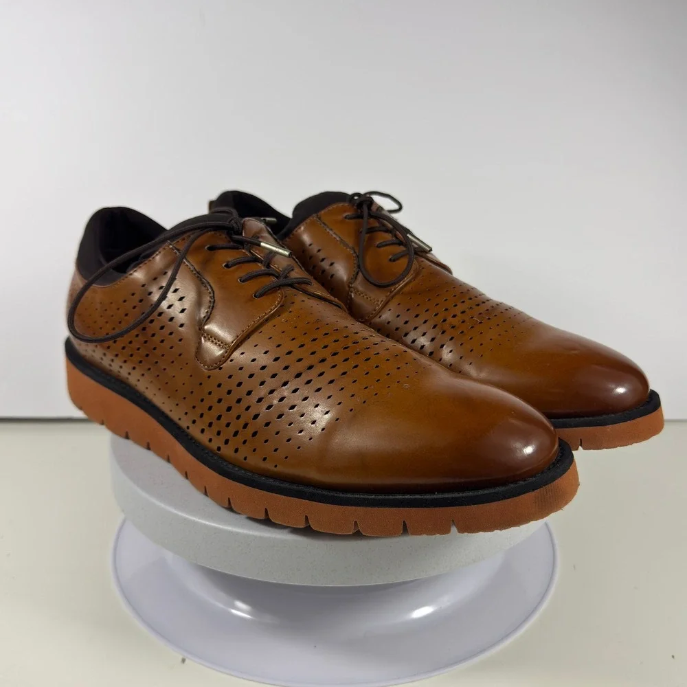 TAYNO Men 10 Cognac Perforated Oxford Vegan Leather Casual Dress Shoes